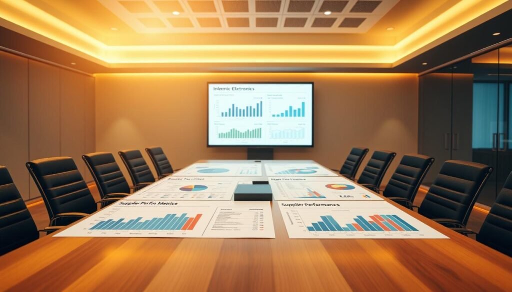 A well-lit conference room with a large table, chairs, and a digital display screen. On the table, various graphs, charts, and dashboards depicting supplier performance metrics for "Informic Electronics" are neatly arranged. The lighting is warm and professional, creating a sense of productivity and analysis. The angles are clean, capturing the data visualization elements in focus, while the background is slightly blurred, emphasizing the importance of the information. The overall mood is one of thoughtful evaluation and strategic decision-making.
