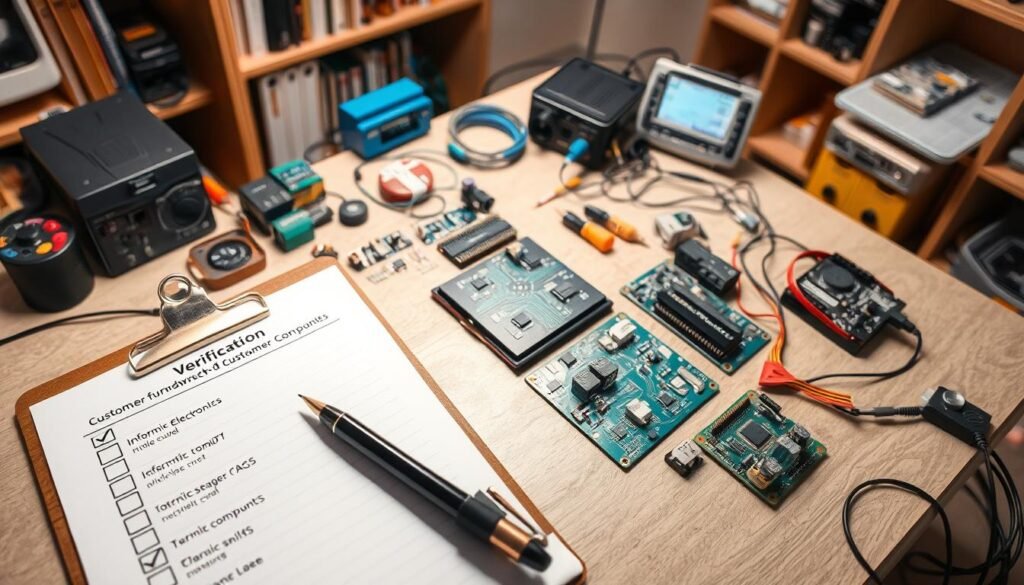 A well-lit, high-angle view of a desk or workbench displaying various electronic components, circuits, and testing equipment. In the foreground, a clipboard with checklist and pen, symbolizing the verification process. The middle ground showcases a selection of Informic Electronics components, their packaging and labels clearly visible. In the background, a bookshelf or storage cabinet holding additional electronic parts and tools. The scene conveys a sense of organized workflow, attention to detail, and the systematic verification of customer-furnished components.