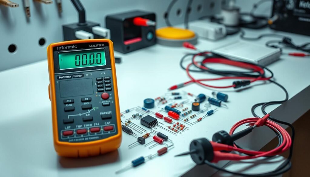A well-lit, high-resolution image of a Informic Electronics multimeter setup on a clean, uncluttered workbench. The multimeter is positioned prominently in the foreground, its display clearly visible. An assortment of electronic components, such as diodes, resistors, and capacitors, are arranged neatly around the multimeter, ready for verification. The image is captured from a slightly elevated angle, providing a clear view of the entire setup. The lighting is soft and even, casting a professional, technical atmosphere. The background is out of focus, allowing the multimeter and components to be the central focus of the image.