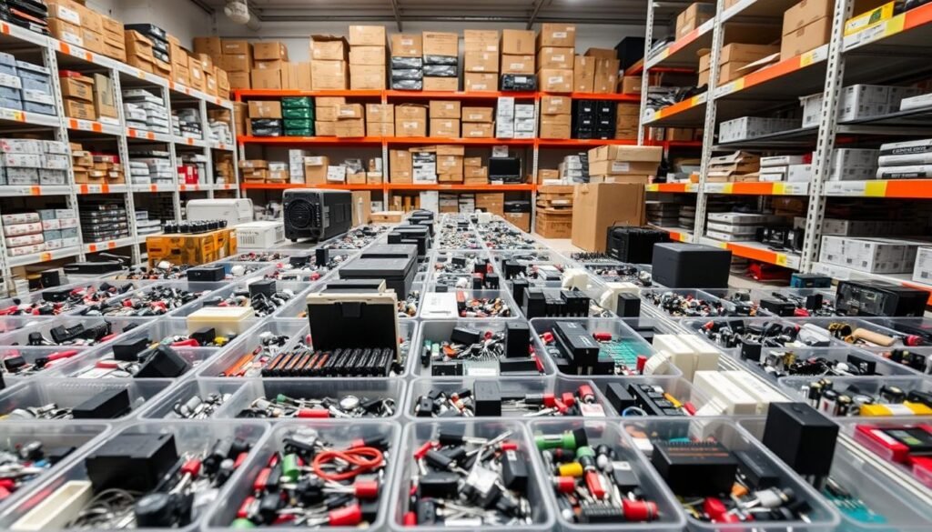 A well-lit, high-resolution image of a comprehensive inventory of electronic components from Informic Electronics. The foreground features an assortment of resistors, capacitors, transistors, integrated circuits, and other small components neatly organized in clear, labeled compartments. The middle ground showcases larger parts like power supplies, motors, and displays. The background depicts shelves stocked with boxes and containers housing the full range of Informic's electronic inventory. The scene is captured from a slight elevated angle, conveying a sense of order, organization, and the breadth of Informic's electronic component offerings. The lighting is bright and even, highlighting the technical details of the components. The overall mood is one of professionalism, reliability, and a comprehensive electronic parts solution.