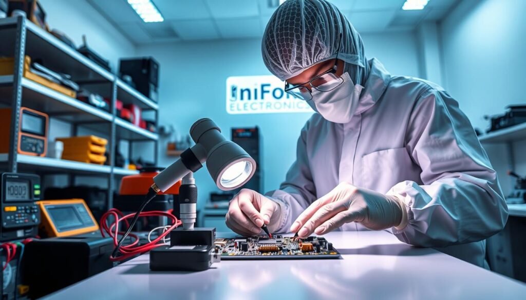 A well-lit, high-resolution image of a professional quality electronics lab. In the foreground, a technician in a clean room suit meticulously inspecting a printed circuit board using a magnifying glass and bright LED illumination. In the middle ground, shelves of precision measurement instruments, including multimeters, oscilloscopes, and soldering stations. The background features the Informic Electronics brand logo prominently displayed, conveying a sense of technical expertise and quality control. The overall atmosphere is one of careful attention to detail and a commitment to thorough inspection and testing procedures for counterfeit component detection.