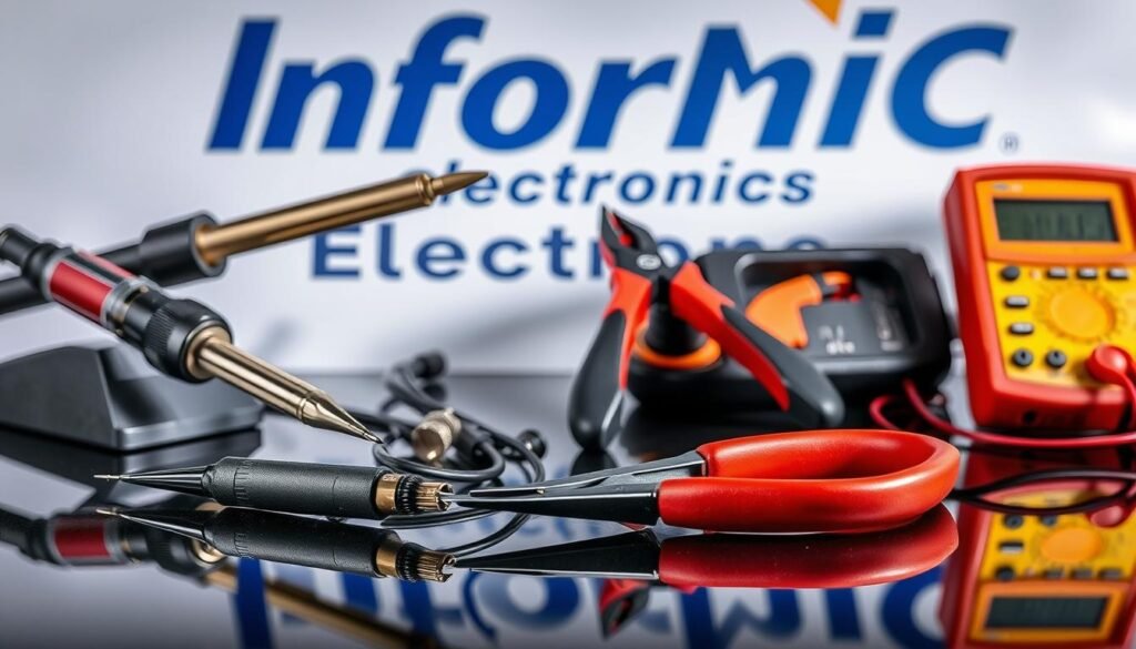 A well-lit, high-resolution image of a variety of PCB assembly tools, including a soldering iron, flux pen, tweezers, wire cutters, and a digital multimeter. The tools are neatly arranged on a clean, reflective surface, with a backdrop of the Informic Electronics logo prominently displayed. The lighting emphasizes the intricate details and textures of the tools, creating a sense of professionalism and technical expertise. The overall composition conveys a mood of precision, focus, and the importance of using the right tools for successful PCB assembly.