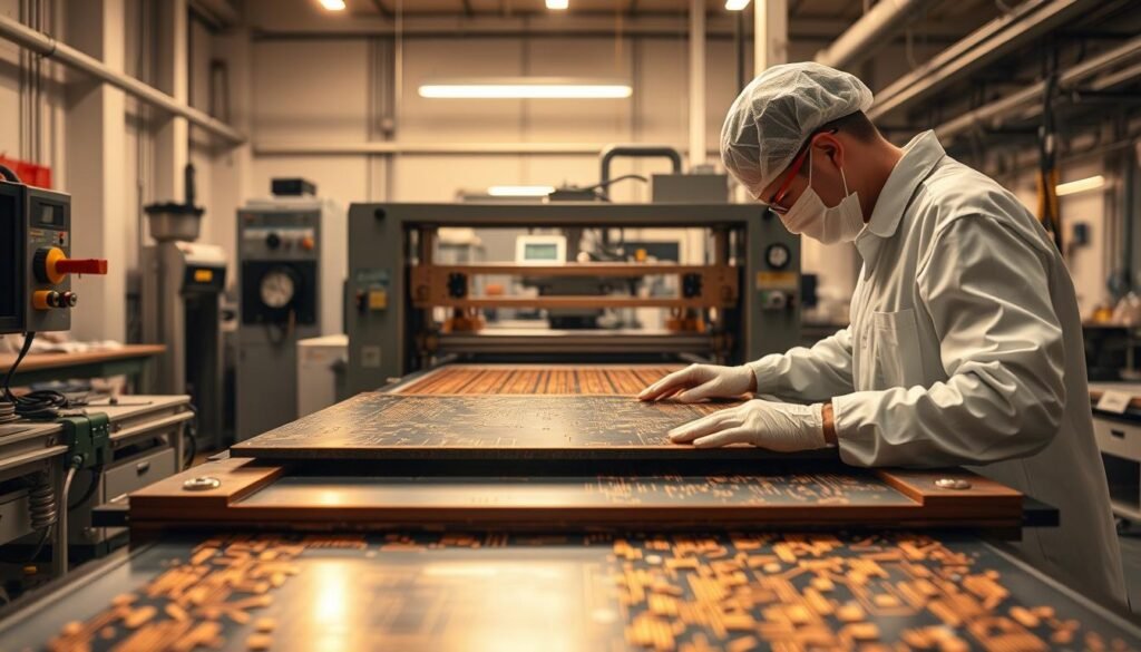 A well-lit, high-resolution image showcasing the PCB lamination process at the Informic Electronics manufacturing facility. In the foreground, a technician carefully aligns the copper-clad laminate sheets, ensuring precise positioning. The middle ground reveals the hydraulic press, applying even pressure to bond the layers together. In the background, a glimpse of the clean, organized production environment, with various tools and equipment used in the lamination process. Warm, natural lighting illuminates the scene, highlighting the intricate details of the technical process. The overall atmosphere conveys the meticulous care and attention to detail required in this critical stage of PCB manufacturing.