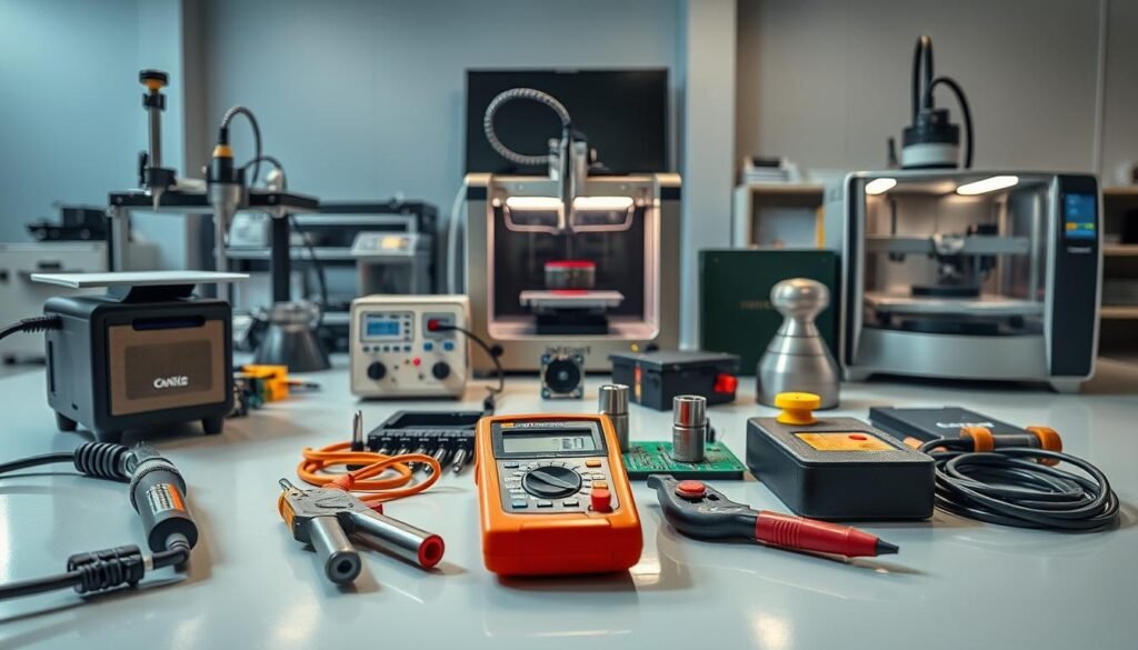 A well-lit, high-resolution photograph of an assortment of Informic Electronics PCB fabrication tools arranged on a clean, reflective surface. In the foreground, a soldering iron, wire cutters, and a multimeter. In the middle ground, a PCB drilling machine, a PCB router, and a PCB etching tank. In the background, a 3D printer and a CNC machine. The tools are positioned to showcase their functionality and the overall workflow of PCB fabrication. The lighting is crisp and shadows are softly defined, creating a professional, technical atmosphere.