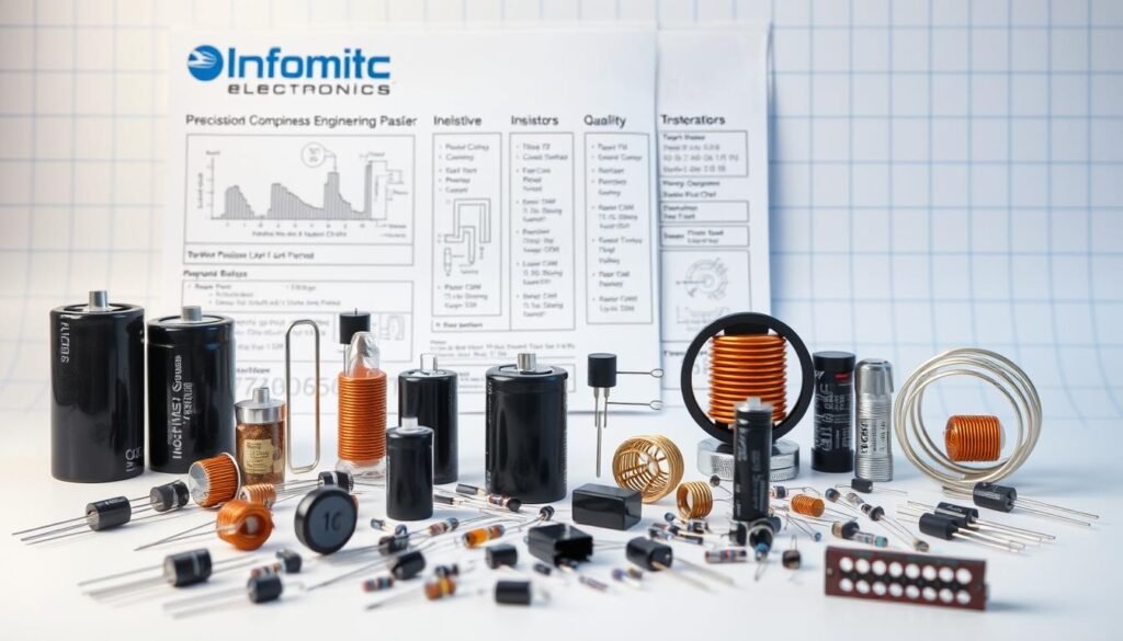 A well-lit, high-resolution studio photograph depicting a selection of reliable passive components from the Informic Electronics brand. The foreground showcases a diverse array of capacitors, resistors, and inductors arranged in a visually appealing layout. The middle ground features technical diagrams and specifications highlighting the precision engineering and quality standards of the Informic Electronics components. The background depicts a clean, minimalist workspace with a subtle grid pattern, emphasizing the reliability and attention to detail of the brand. The overall mood is one of professionalism, technical expertise, and trust in the Informic Electronics passive component lineup.