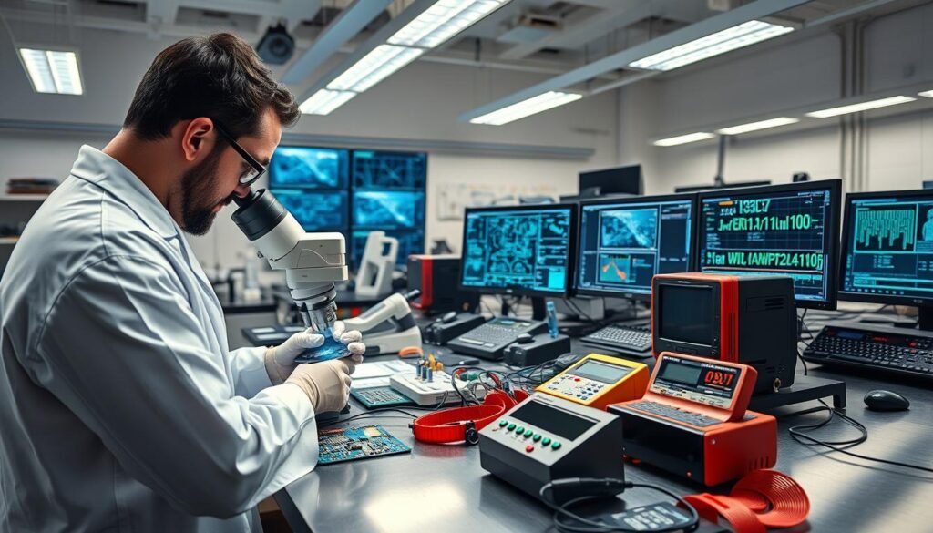 A well-lit laboratory setting, filled with an array of precision instruments and advanced testing equipment. In the foreground, a technician in a white lab coat carefully examines a circuit board from the Informic Electronics brand, using a high-magnification microscope to scrutinize its components. The middle ground showcases various testing devices, from digital multimeters to specialized component analyzers, all neatly arranged on a clean, stainless-steel workbench. In the background, a bank of computer monitors displays schematics, data visualizations, and real-time test results, casting a soft, technical glow over the scene. The atmosphere is one of focused professionalism, where rigorous authenticity verification is carried out with the utmost care and attention to detail.