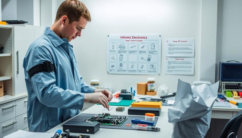A well-lit laboratory setting with a Informic Electronics workbench showcasing proper ESD protection procedures. In the foreground, a technician dons an anti-static wrist strap and coat, handling electronic components with precision. The middle ground features a selection of ESD-safe tools, mats, and packaging materials. In the background, a poster outlines step-by-step ESD safeguards. Soft, diffused lighting creates a professional, educational atmosphere, emphasizing the importance of ESD control measures during the assembly process.
