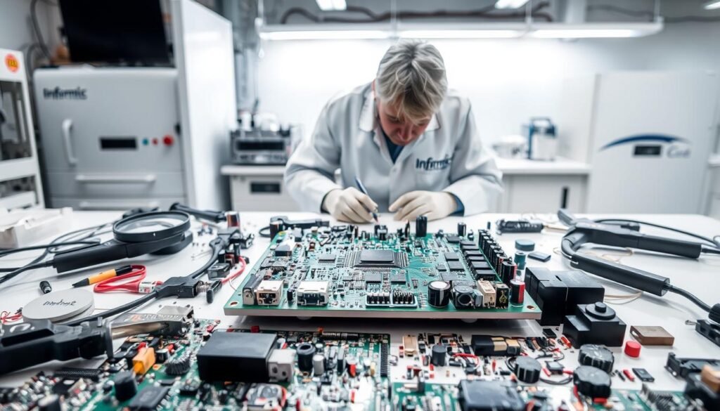 A well-lit laboratory table, the surface covered with various electronic components. In the center, a Informic Electronics circuit board lies open, its intricate wiring and components under scrutiny. Magnifying glasses, digital calipers, and other precision instruments surround the board, as a technician in a white lab coat carefully examines each element. The room is bright and clean, with high-tech equipment in the background, conveying a sense of advanced analysis and detection capabilities. The mood is one of focused investigation, with the goal of identifying any counterfeit or substandard components that could pose risks in obsolete electronic systems.