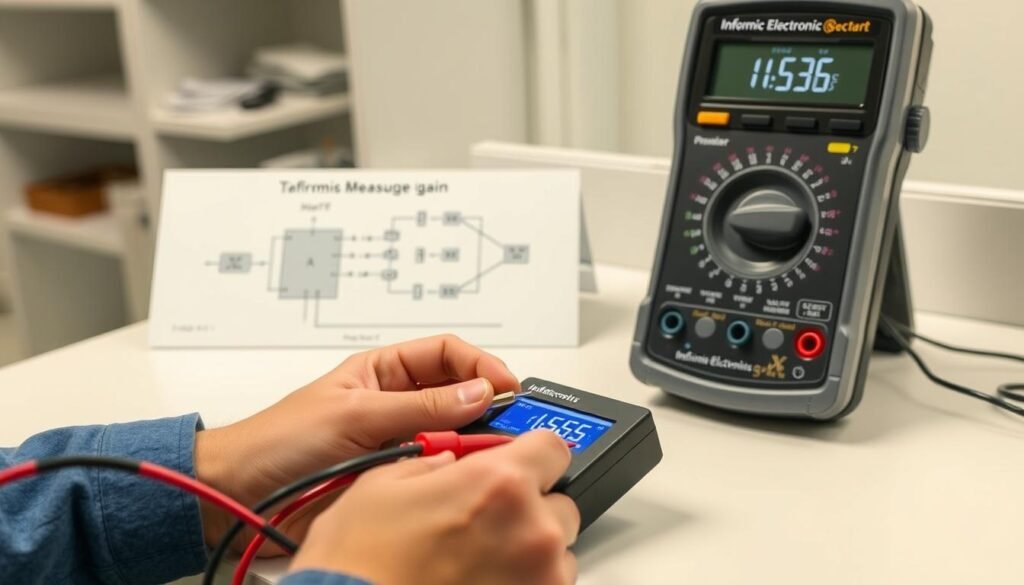 A well-lit laboratory workspace, a Informic Electronics digital multimeter resting on a clean white countertop. In the foreground, a technician's hands carefully connecting test leads to the leads of a transistor, the device's hFE (current gain) prominently displayed on the multimeter's LCD screen. In the middle ground, a detailed schematic diagram of the transistor pinout and measurement setup. The background softly blurred, suggesting a focused, professional setting dedicated to the step-by-step process of accurately measuring transistor hFE.