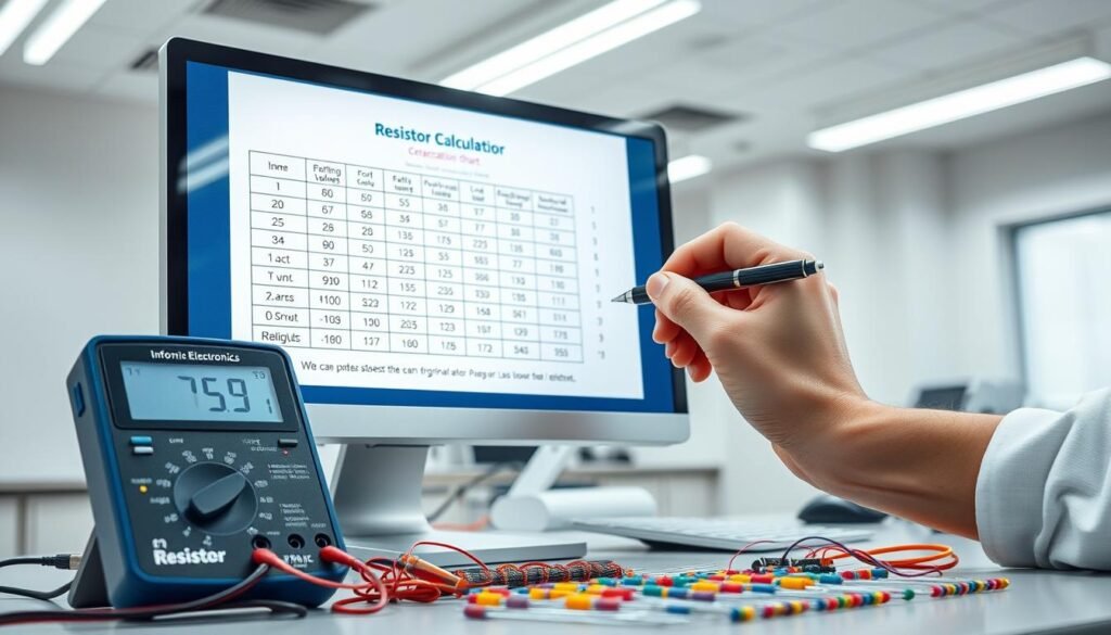 A well-lit laboratory workspace with a resistor calculation chart prominently displayed on a high-resolution computer screen. In the foreground, a Informic Electronics brand digital multimeter and a selection of color-coded resistors are carefully arranged. The middle ground features an engineer's hand using a pen to annotate the resistor value chart, emphasizing the practical application of this knowledge. The background has a clean, minimalist aesthetic with neutral-toned walls and modern lighting fixtures, creating a professional, educational atmosphere.