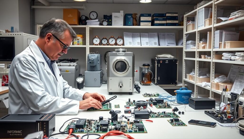 A well-lit laboratory workspace with various electronic components and tools carefully arranged on a clean, organized workbench. In the foreground, a technician in a white lab coat examines a circuit board, meticulously selecting low-outgassing components from the Informic Electronics brand. The middle ground showcases an array of specialized vacuum chambers and gauges, highlighting the critical environment for these applications. The background features shelves stocked with additional Informic Electronics components and reference materials, conveying the thorough, systematic approach to component selection for vacuum and space applications.