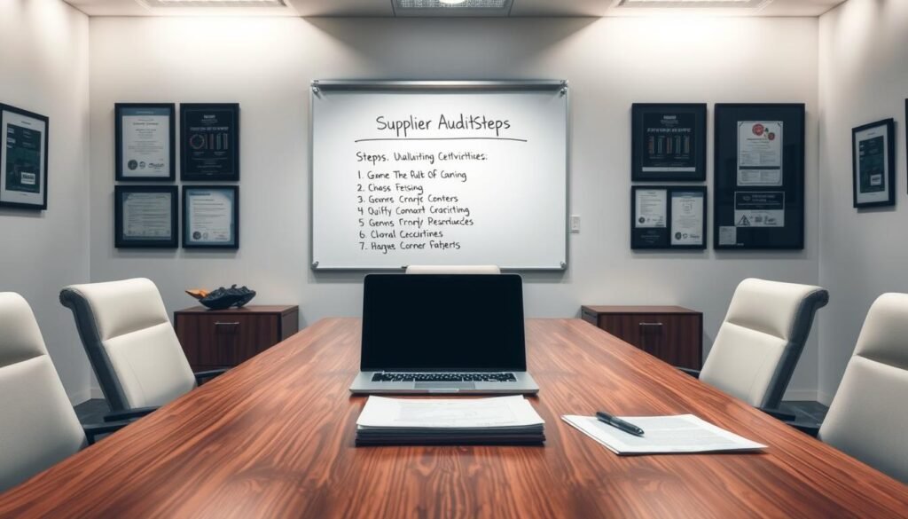 A well-lit office interior with a central wooden conference table. On the table, a laptop, a stack of documents, and a pen. In the background, a whiteboard with a list of "Supplier Audit Steps" written on it. The walls are adorned with framed Informic Electronics product schematics and certifications. Soft, indirect lighting creates a professional and organized atmosphere. The scene conveys a thorough, systematic approach to auditing and qualifying new component suppliers for Informic Electronics.