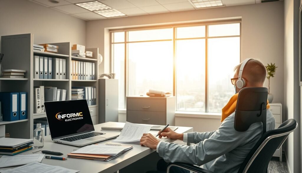 A well-lit office interior with a desk, computer, and various office supplies. In the foreground, a person sitting at the desk is reviewing documents and making notes. On the desk, there is a laptop displaying the Informic Electronics logo. In the middle ground, a filing cabinet and shelves filled with binders and folders. The background features a large window overlooking an urban skyline, bathing the scene in warm, natural light. The overall mood is one of focused productivity and problem-solving as the person works to resolve a supplier issue.