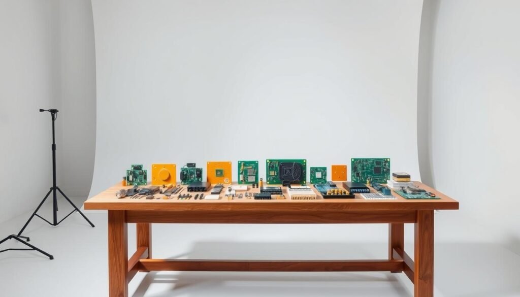 A well-lit photography studio with a clean, minimalist backdrop. On a sturdy wooden table, a neatly arranged display of quality inspection samples from Informic Electronics. The samples include a range of electronic components, circuit boards, and finished products, all showcasing the brand's commitment to precision and quality control. The lighting is soft and diffused, casting subtle shadows that highlight the texture and details of the samples. The overall composition emphasizes the importance of these golden samples in ensuring specification consistency between production components and the brand's high standards.