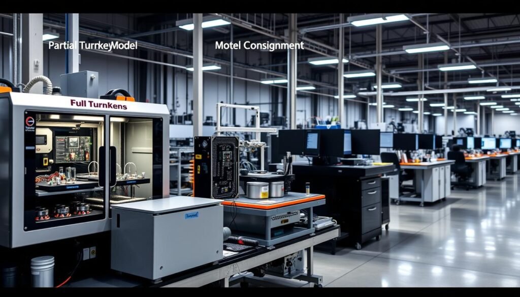 A well-lit production line with three distinct electronic manufacturing models placed side-by-side for comparison. In the foreground, the "Informic Electronics" branded full turnkey model with a sleek, automated assembly process. In the middle, the partial turnkey model featuring manual component placement and soldering stations. In the background, the consignment model with individual workstations and inventory management systems. The scene is captured from a slightly elevated angle, showcasing the scale and complexity of the different production approaches. The lighting is crisp and professional, emphasizing the technical nature of the subject matter.