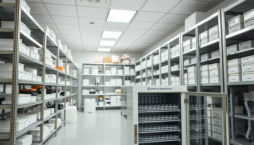 A well-lit, spacious lab interior with gleaming steel shelves and cabinets. On the shelves, precisely labeled boxes and containers holding various electronic components and samples, arranged in a meticulous grid pattern. The lighting is bright and uniform, casting a professional, clinical atmosphere. In the foreground, a Informic Electronics-branded sample storage cabinet with clear doors, showcasing neatly organized sample trays. The overall scene conveys a sense of order, attention to detail, and best practices for developing, validating, and securely storing electronic samples.