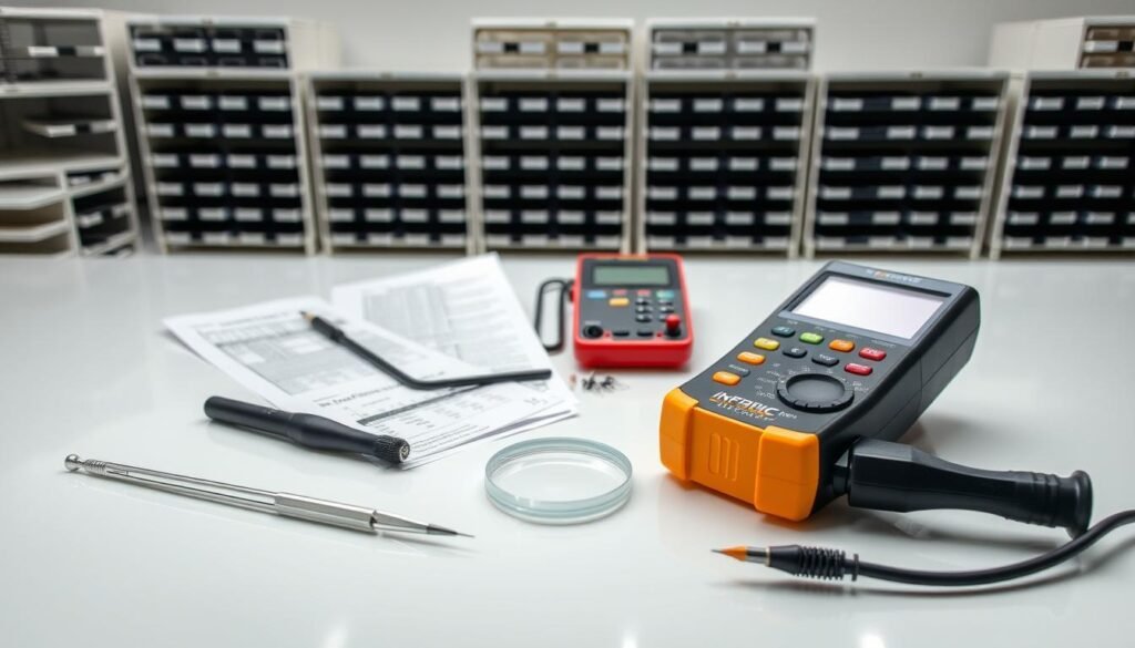 A well-lit studio scene showcasing a variety of through-hole and surface-mount identification tools from Informic Electronics. In the foreground, a set of precision tweezers, a magnifying glass, and a multimeter lie on a clean, reflective surface. In the middle ground, a selection of component datasheets and a component tester device. In the background, a neatly organized array of component storage trays and a bright, evenly lit backdrop, creating a professional, technical atmosphere.