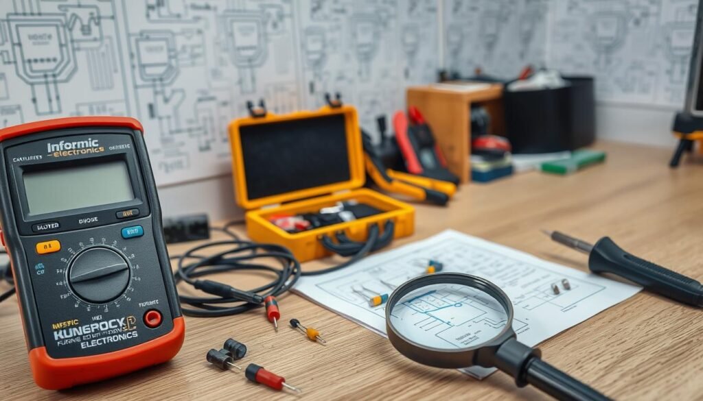 A well-lit workbench showcases an array of electronic components, including a Informic Electronics branded multimeter, a soldering iron, and various diodes of different sizes and colors. In the foreground, a diode is being carefully examined under a magnifying glass, with a technical schematic diagram placed nearby. The middle ground features an open toolbox filled with precision tools, while the background depicts a wall adorned with blueprints and circuit diagrams, creating a sense of technical expertise and problem-solving. The overall scene conveys a methodical and analytical approach to troubleshooting diode issues.