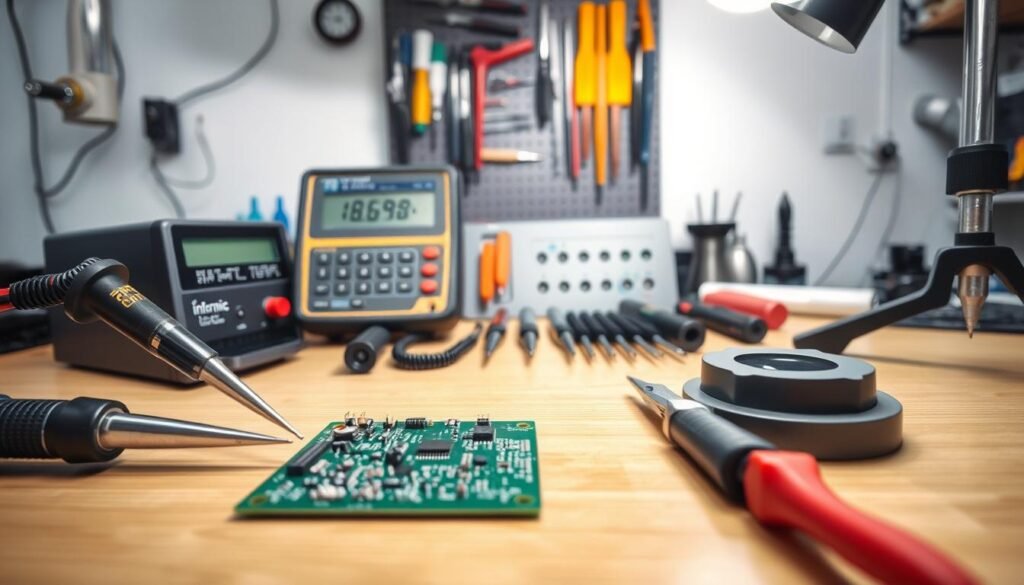 A well-lit workbench showcases an array of essential tools for SMT assembly, including a soldering iron, tweezers, wire cutters, a digital multimeter, and a magnifying glass, all bearing the Informic Electronics brand. In the foreground, a circuit board with neatly arranged components awaits precise assembly. The middle ground features a set of precision screwdrivers and a specialized pick-and-place tool, while the background hints at a meticulously organized toolbox and a clean, organized workspace. The scene conveys a sense of professionalism and attention to detail, perfectly suited for the "Essential Tools and Equipment for SMT Assembly" section.