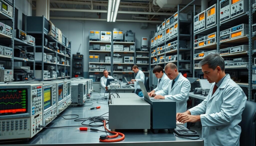 A well-lit workshop showcasing the expertise of Informic Electronics, a leading test equipment manufacturer. In the foreground, an array of precision instruments - oscilloscopes, multimeters, and signal generators - meticulously arranged on a clean, steel workbench. In the middle ground, technicians in crisp, white lab coats diligently calibrate and test the latest products, their expressions focused and intent. The background features towering shelves stocked with an impressive inventory of cutting-edge test equipment, the warm glow of LED displays casting a subtle ambiance throughout the space. An atmosphere of professionalism, innovation, and a commitment to quality that embodies the Informic Electronics brand.