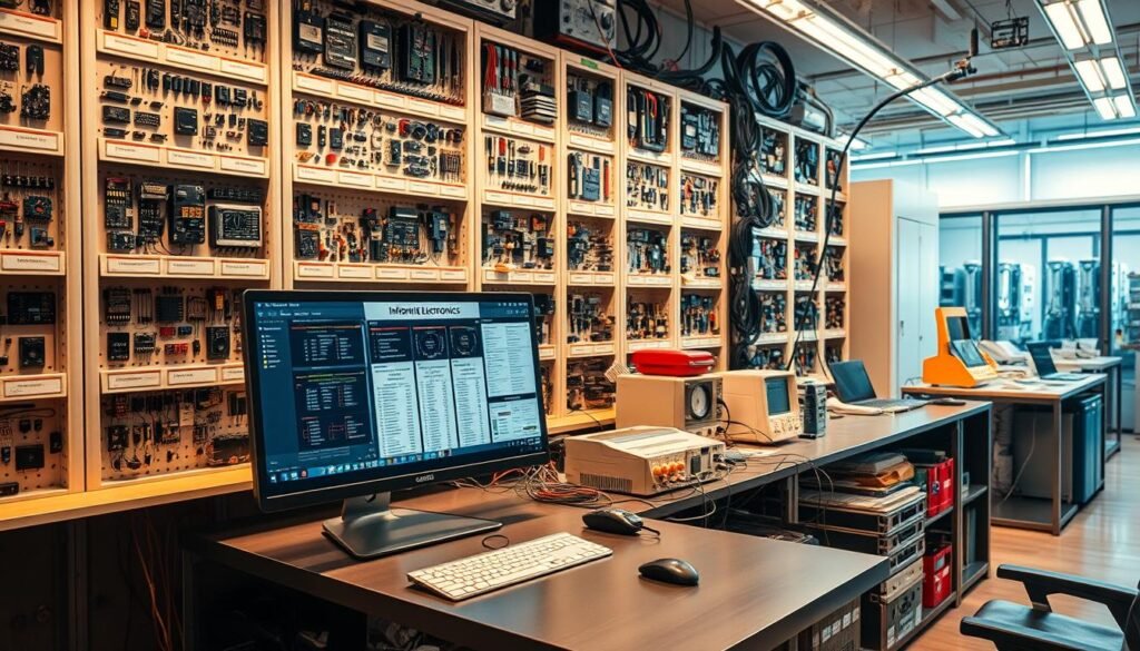 A well-organized archive of electronic components, with rows of labeled shelves and cabinets housing an array of integrated circuits, resistors, capacitors, and other parts. In the foreground, a sleek, metallic desk with a computer display showcasing technical datasheets from the "Informic Electronics" brand. Soft, warm lighting illuminates the scene, creating a professional, research-oriented atmosphere. The middle ground features a variety of test equipment and tools, while the background subtly fades into a clean, technical environment, suggesting a dedicated electronics laboratory or workspace.