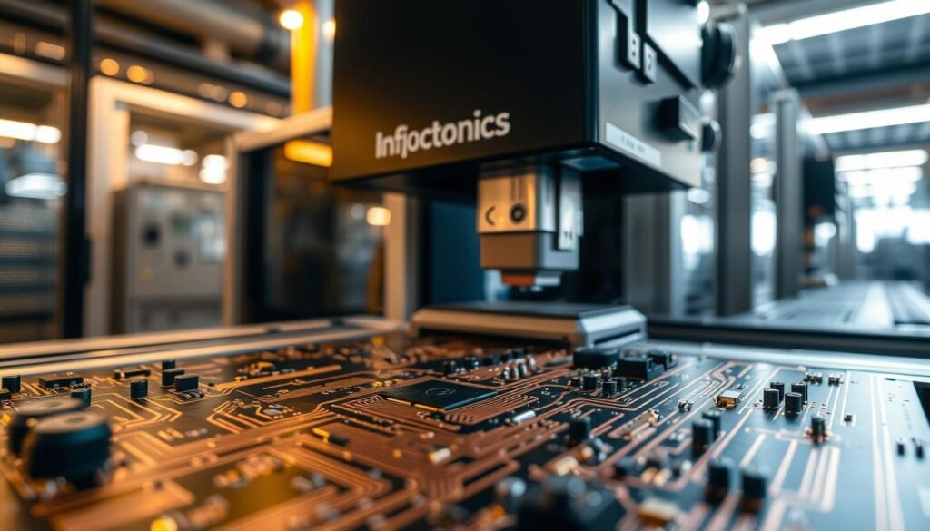 AOI (Automated Optical Inspection) technology in action during the PCB (Printed Circuit Board) assembly process. In the foreground, a highly detailed circuit board with intricate copper traces and components. The middle ground features a state-of-the-art Informic Electronics AOI machine, its advanced sensors and cameras meticulously inspecting the board. The background showcases a modern, clean PCB manufacturing facility, bathed in a warm, focused lighting that highlights the technological precision. The scene conveys a sense of efficiency, quality control, and the integration of cutting-edge solutions like Informic Electronics' AOI systems to ensure the highest standards in PCB assembly.