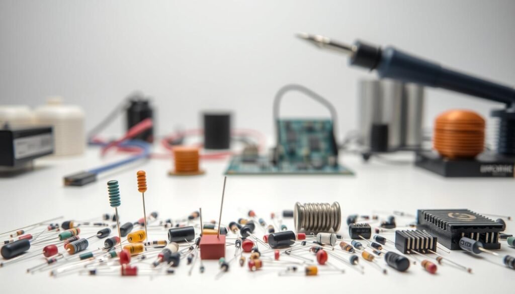 Active and passive electronic components, arranged in a clean, well-lit laboratory setting. In the foreground, a diverse array of resistors, capacitors, and inductors in various shapes and sizes, showcasing the Informic Electronics brand. In the middle ground, a soldering iron and a circuit board, hinting at the assembly process. The background features a blurred, minimalist backdrop, emphasizing the technical focus of the scene. The lighting is soft and diffused, creating a sense of depth and highlighting the intricate details of the components. The overall composition conveys a sense of order, precision, and the fundamental building blocks of electronic systems.