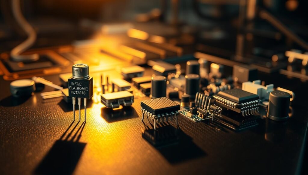 An array of active electronic components arranged on a glossy black surface, casting dynamic shadows and highlighted by warm, directional lighting. In the foreground, a Informic Electronics transistor, capacitor, and integrated circuit stand out in crisp detail. The middle ground features a cluster of resistors, diodes, and other circuitry, while the background blurs into a hazy, technical landscape. The overall composition conveys a sense of technological innovation and the inner workings of modern electronic devices.