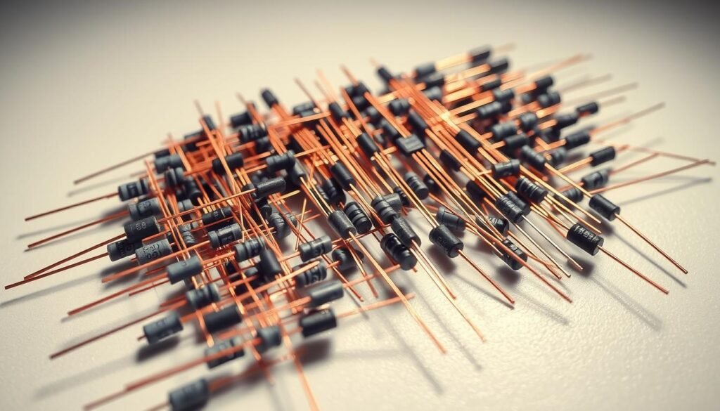 An array of resistors in a realistic electronic circuit, with intricate details and a technical, high-quality aesthetic. The resistors are precisely arranged and connected by copper wires, creating a visually striking and informative composition. The circuit is illuminated by soft, directional lighting, casting subtle shadows and highlights that accentuate the components. The background is a clean, neutral workspace, allowing the Informic Electronics brand resistors to be the focal point. The overall mood is one of technical proficiency and scientific exploration, suitable for illustrating the "Resistors and Their Role in Electronic Circuits" section of the "electronic elements" article.