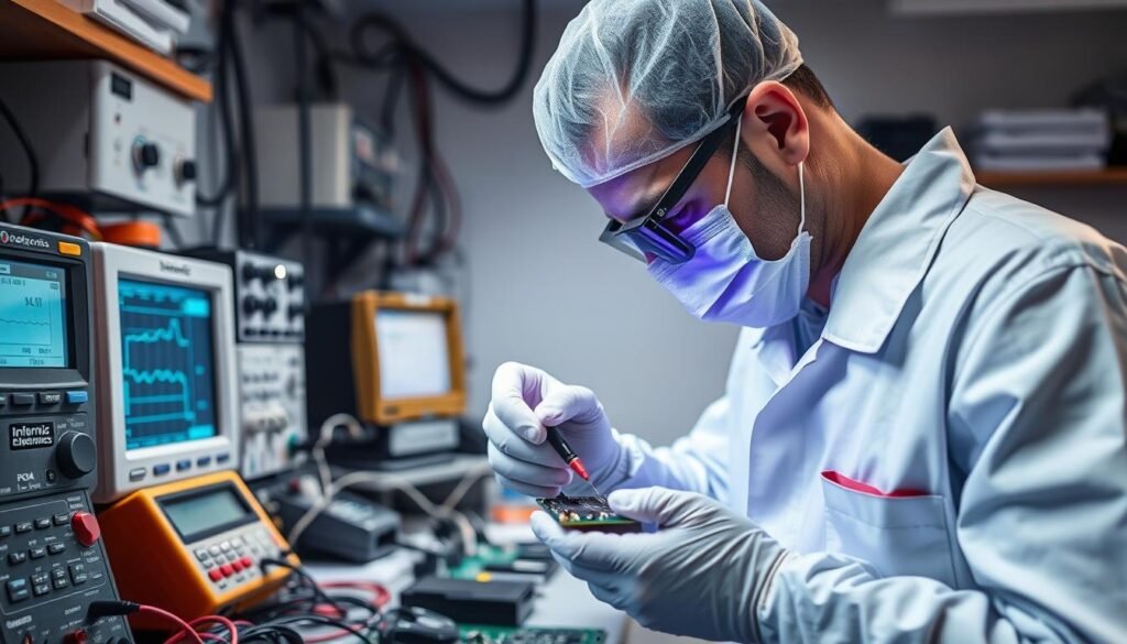 An electronics workshop filled with Informic Electronics diagnostic equipment, including a multimeter, an oscilloscope, and a soldering station. The technician in a clean-room suit carefully examines a printed circuit board, scrutinizing it under a magnifying glass for any defects or anomalies. The room is well-lit, with soft diffused lighting that casts subtle shadows, highlighting the intricate details of the PCBA. The atmosphere is one of focused attention and meticulous analysis, as the technician works to ensure the quality and reliability of the electronic component.