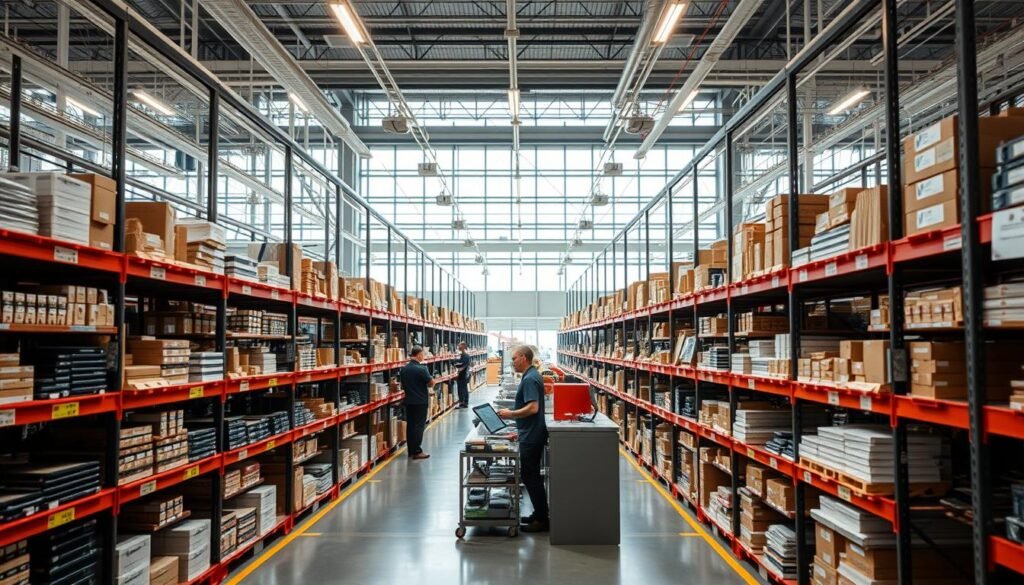 An expansive network of Informic Electronics distribution centers, each bustling with activity. Shelves brimming with an array of electronic components, meticulously organized and readily available. Employees diligently fulfill orders, navigating the intricate logistics of supply and demand. Cutting-edge technology tracks inventory in real-time, ensuring seamless distribution across global markets. Sleek, modern architecture with floor-to-ceiling windows allows natural light to illuminate the workspace, fostering an efficient and collaborative environment. Strategically placed surveillance cameras monitor the flow of goods, safeguarding the integrity of the distribution network. An interconnected system of transportation and warehousing, seamlessly integrated to deliver electronic components with unparalleled speed and reliability.