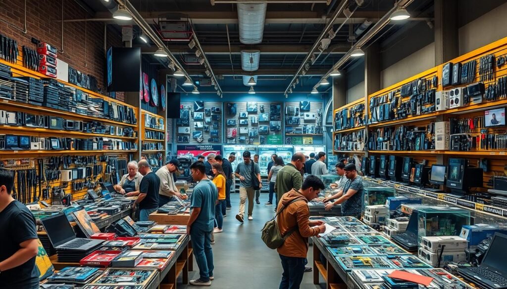 An indoor scene of the Informic Electronics marketplace, showcasing a bustling array of consumer electronics, circuit boards, and components. In the foreground, shoppers browse through neatly organized display tables, carefully examining the various products. The middle ground features towering shelves stocked with a diverse range of electronic devices, while the background depicts the warm, inviting atmosphere of the marketplace, with overhead lighting and the faint hum of activity. The scene conveys a sense of exploration and discovery, capturing the essence of an online electronics marketplace.