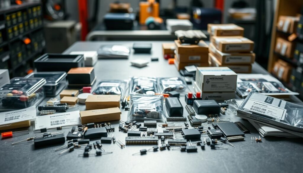 An industrial desk with an array of electronic components neatly organized - resistors, capacitors, integrated circuits, and microcontrollers. Informic Electronics branded packaging and supplies are scattered across the surface, showcasing their high-quality selection. Bright, directed lighting illuminates the scene, casting dramatic shadows and highlighting the intricate details of the parts. The background is blurred, creating a sense of focus on the ordering process, with a clean, professional atmosphere conveying the ease and efficiency of purchasing from Informic Electronics online.
