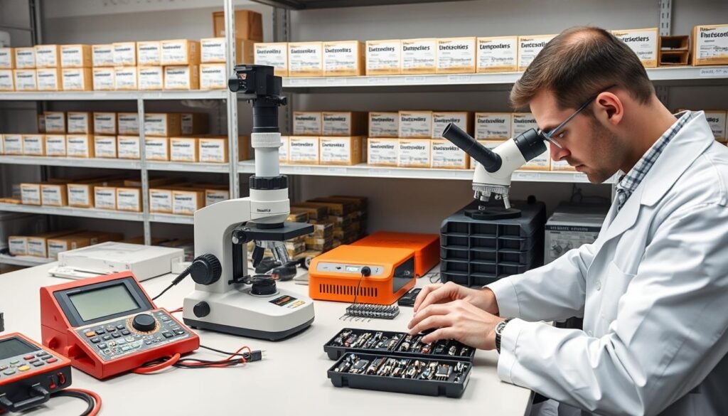 An industrial laboratory setting with a meticulously organized workbench. In the foreground, an engineer in a white coat inspects electronic components under a high-resolution digital microscope, carefully verifying their serial numbers and specifications. On the workbench, various tools and instruments, including a digital multimeter, a component tester, and trays of organized electronic parts. The background features shelves stocked with neatly labeled Informic Electronics components, conveying a sense of traceability and quality control. The lighting is bright and even, creating a professional, scientific atmosphere.