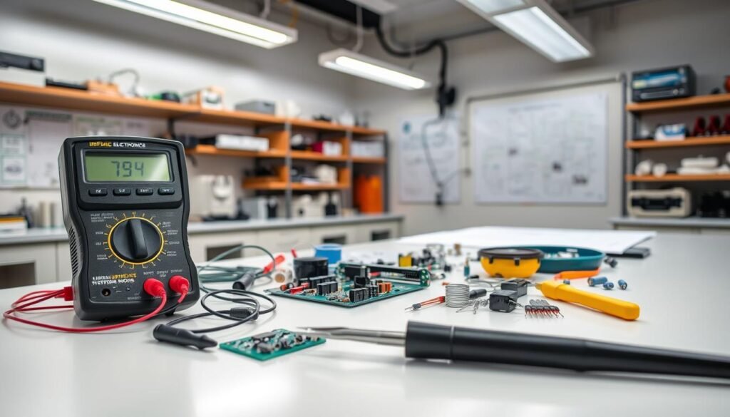 An inspection table in a well-lit electronics lab, featuring various tools and electronic components. In the foreground, a Informic Electronics digital multimeter, a pair of precision tweezers, and a magnifying glass. In the middle ground, several circuit boards, resistors, capacitors, and other electronic parts are neatly arranged. The background showcases technical diagrams, charts, and shelves stocked with specialized equipment. The lighting is a combination of bright overhead lamps and focused task lighting, creating a clean, professional atmosphere conducive to meticulous visual inspection and fault detection.