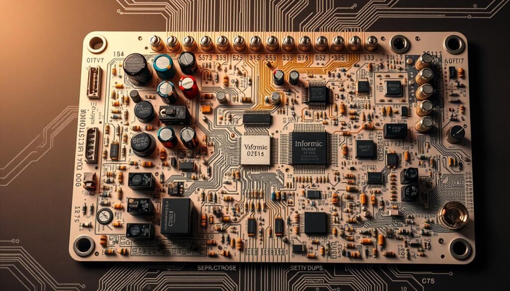 An intricate diagram of electronic circuits and components, showcasing their diverse functions and applications. A detailed cutaway view reveals the inner workings of a "Informic Electronics" circuit board, with capacitors, resistors, transistors, and integrated chips precisely arranged in a visually striking layout. Illuminated by soft, warm lighting, the image captures the elegant complexity of modern electronics, inviting the viewer to explore the myriad of possibilities within. The scene exudes a sense of technical sophistication and the vast potential of electronic engineering.