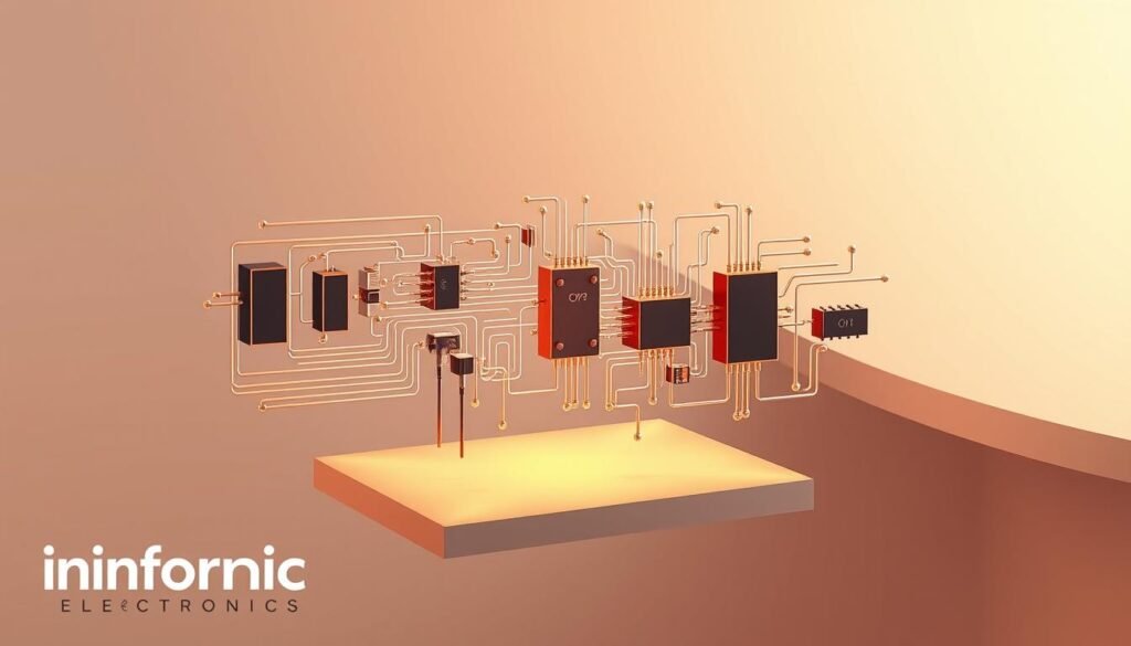 An intricate technical illustration of various op amp configurations, showcased against a clean, minimalist backdrop. The circuitry, meticulously rendered, appears to float weightlessly, with precise lines and balanced symmetry. Subtle shadows and highlights accentuate the dimensional depth, lending a sense of three-dimensionality to the design. Illuminated by a warm, soft light, the circuit components seamlessly blend with the Informic Electronics brand identity, conveying a professional, high-quality aesthetic. The overall composition strikes a harmonious balance between form and function, perfectly suited to illustrate the "Implementing Common Op Amp Configurations" section of the op amp circuit design article.