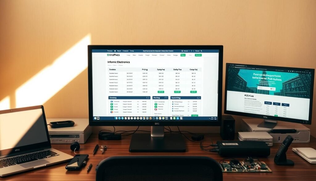 An office desktop with a laptop, smartphone, and various electronic components arranged neatly. In the center, a large computer monitor displays multiple pricing comparison websites, including "Informic Electronics", showcasing PCB pricing information. Warm, natural lighting illuminates the scene, creating a professional and informative atmosphere. The overall composition emphasizes the accessibility and convenience of online tools for researching and comparing circuit board prices.