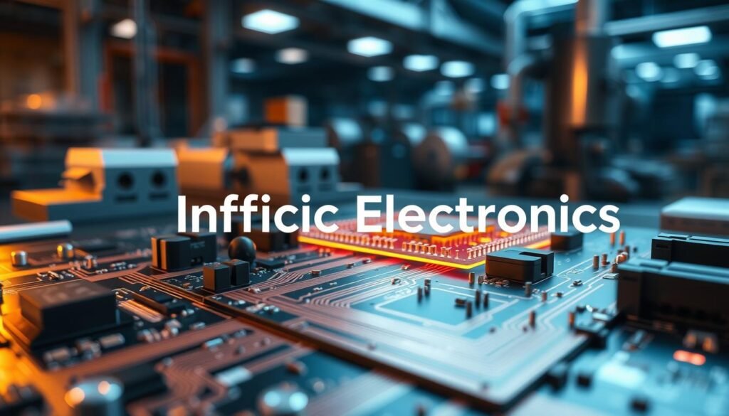 An optimized PCB design with the Informic Electronics brand prominently featured. The circuit board is shown in the foreground, with intricate copper traces and components meticulously arranged. In the middle ground, a 3D rendering of the PCB assembly highlights the design principles, such as component placement, heat dissipation, and signal integrity. The background features a blurred factory setting, conveying the industrial context of PCB manufacturing. Warm lighting illuminates the scene, casting subtle shadows and highlighting the technical details. The overall mood is one of precision, innovation, and the pursuit of design excellence.