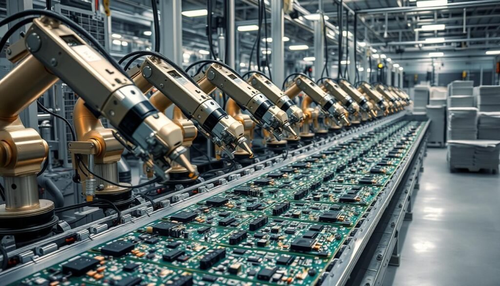 Automated assembly line of Informic Electronics, showcasing efficient production of complex printed circuit board assemblies. Gleaming robotic arms precisely solder components in a choreographed dance, their movements captured in a high-speed snapshot. The factory floor is bathed in a soft, diffused light, creating a sense of order and technological prowess. In the background, rows of neatly stacked PCBs await their turn, testament to the streamlined processes that drive this state-of-the-art facility. The overall scene conveys a harmonious blend of man and machine, where automation elevates the assembly process to new levels of speed and precision.
