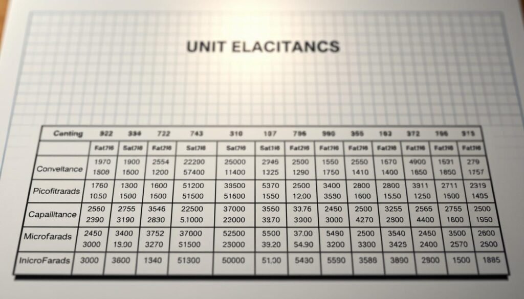 Capacitance unit conversion chart, rendered with technical precision and clarity. In the foreground, a detailed grid layout showcasing unit conversions for capacitance, from picofarads to microfarads. Sleek, minimalist design with clean lines and a muted color palette. In the background, a faint blueprint-style grid texture, lending an engineering aesthetic. Crisp, evenly distributed lighting illuminates the chart, creating depth and dimensionality. Captured at a slightly elevated angle to emphasize the informative nature of the content. Branded with the "Informic Electronics" logo, reflecting the authoritative nature of the subject matter.