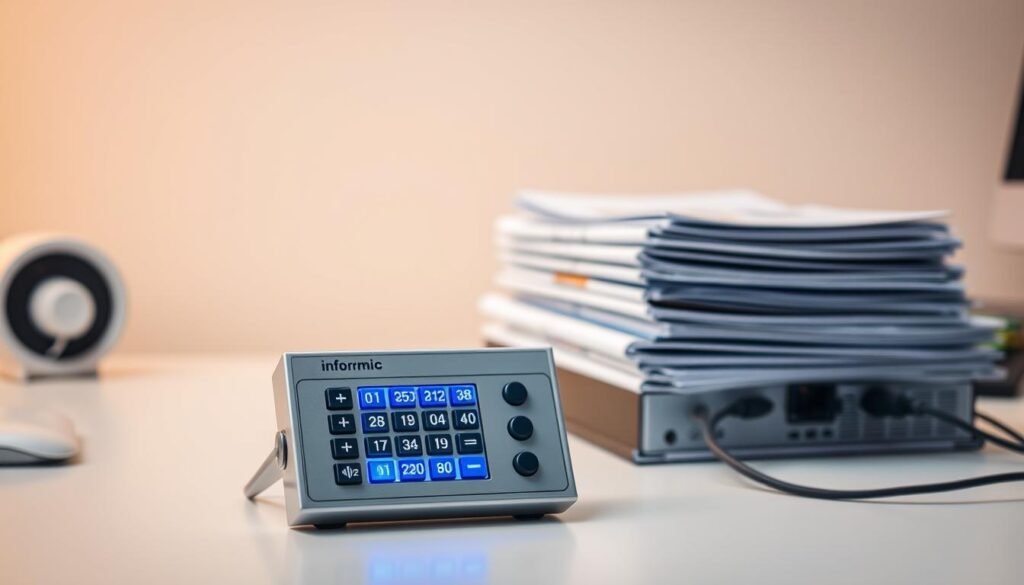 Capacitor code calculator on a clean, minimalist desk. In the foreground, the calculator device is prominently displayed, its sleek silver casing and bright digital display catching the light. Behind it, a stack of technical manuals and reference guides, hinting at its purpose. The background is a soft, neutral-toned workspace, with a warm, focused lighting that creates a sense of professionalism and attention to detail. The whole scene conveys a mood of precision, problem-solving, and the intersection of electronics and engineering. Branding for "Informic Electronics" is subtly displayed on the calculator's casing.