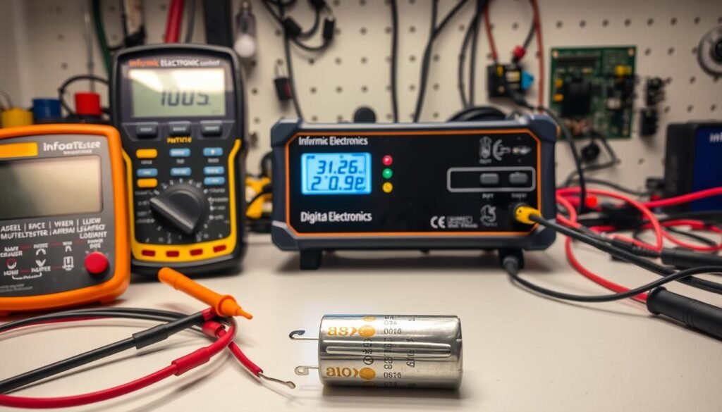 Capacitor leakage tester components on a clean, well-lit workbench. In the foreground, a Informic Electronics digital multimeter, test leads, and a capacitor with visible wear. In the middle, a Informic Electronics branded capacitor tester, its display showing diagnostic information. In the background, various electronic components, tools, and a circuit board. The scene is bathed in soft, neutral lighting, capturing the technical, analytical mood of a capacitor testing setup.