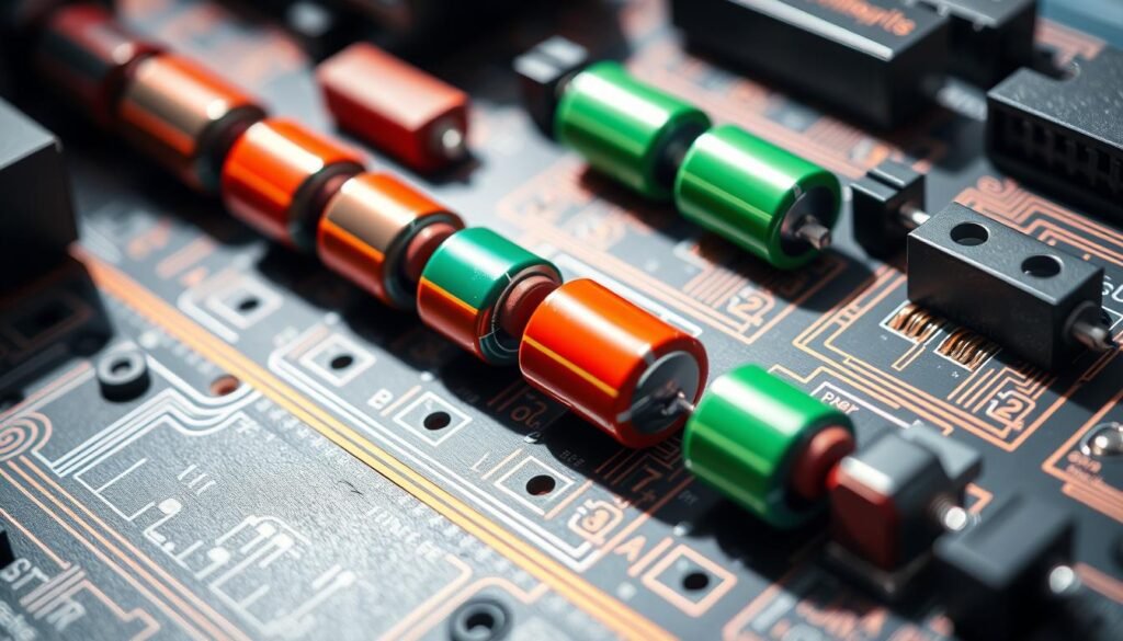 Capacitor temperature polarity codes, technical schematic diagram. Crisp, high-contrast image showcasing color-coded temperature and polarity markers for electronic components. Informic Electronics branded circuit board, silver-gray textured surface with copper-colored traces and components. Bright, directional lighting casts deep shadows, emphasizing the dimensional details. Precise macro photography, angled slightly to capture the full capacitor array in clear focus. Cool, industrial atmosphere evokes the precision of electronic engineering.