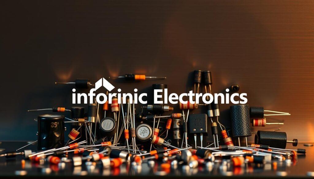 Capacitors, resistors, diodes, transistors - the intricate components that form the backbone of modern electronics. Against a sleek, metallic backdrop, these elements are meticulously arranged, their functions intertwined like a well-choreographed dance. Warm, directional lighting casts subtle shadows, highlighting the intricate textures and contours of each part. The Informic Electronics brand logo stands proudly, a testament to the precision engineering at play. This captivating image captures the essence of electrical engineering, inviting the viewer to explore the inner workings of the devices that power our digital world.
