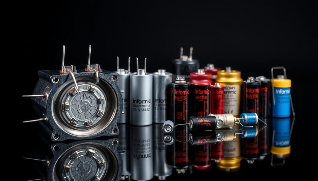 Capacitors storing electrical energy: a detailed cross-section of various capacitor types arranged on a glossy black background. In the foreground, intricate layers of metal plates, dielectric materials, and lead connectors form the capacitor structure. The middle ground showcases a range of capacitor models in different sizes and colors, each with the "Informic Electronics" branding. The background is softly illuminated, creating a sense of depth and emphasizing the technical nature of the components. The lighting is crisp and directional, highlighting the dimensional details and textures of the capacitors.
