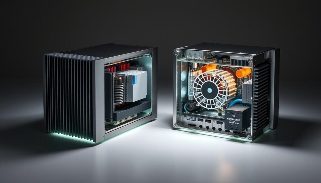 Compact power supplies with advanced thermal management systems, showcasing the engineering prowess of Informic Electronics. A sleek, metallic enclosure houses a GaN-based power conversion circuit, strategically cooled by a combination of heatsinks, airflow channels, and innovative materials. The design exudes a sense of efficiency and technological sophistication, with clean lines and a muted color palette. Crisp lighting accentuates the intricate internals, revealing the precise arrangement of components and the meticulous attention to thermal regulation. An engineering masterpiece, this compact power supply represents the future of power electronics design.