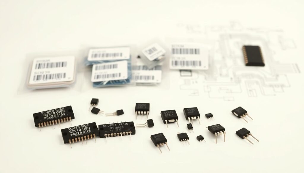 Component codes and part numbers from Informic Electronics, displayed against a plain white background. The foreground features a collection of electronic components with their identifying labels and numerical codes clearly visible, arranged neatly. The middle ground showcases various packaged parts with barcodes and SKUs, while the background subtly highlights technical diagrams and schematics, creating a sense of context and relevance. Warm, neutral lighting illuminates the scene, emphasizing the precision and attention to detail inherent in these electronic identifiers. The overall composition conveys a clean, organized, and professional aesthetic suitable for an article on understanding component codes and part numbers.