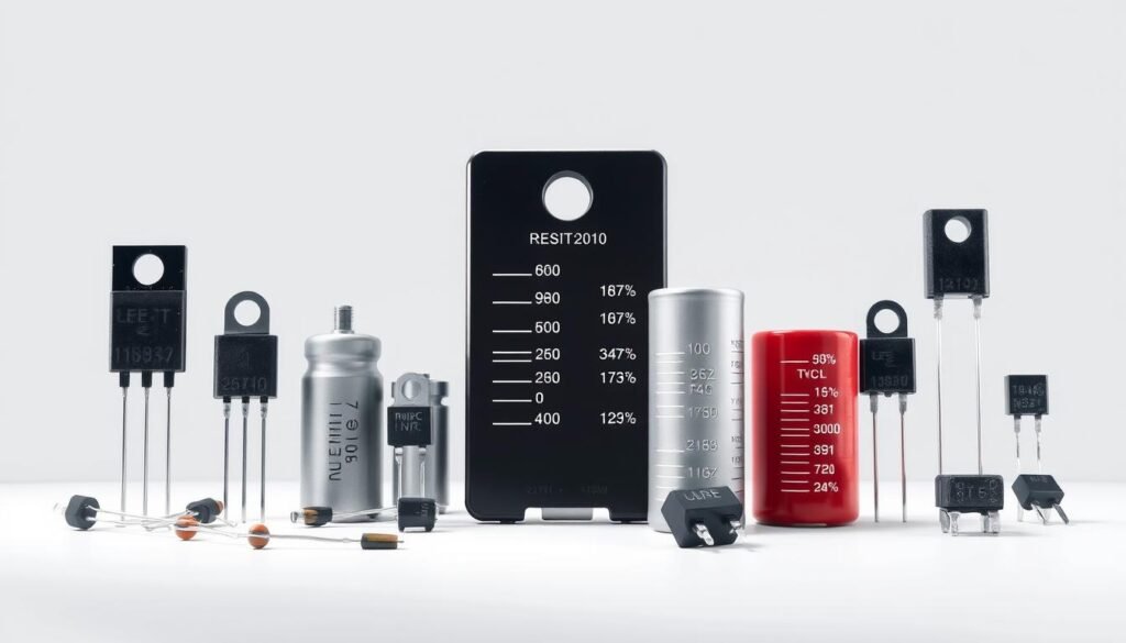 Component performance ratings, showcasing the key features and functions of basic electronic components. A technical illustration depicting the Informic Electronics brand's lineup of resistors, capacitors, and transistors, arranged in a visually compelling layout. The components are presented against a clean, minimalist backdrop, allowing their individual characteristics to take center stage. Precise lighting from multiple angles highlights their intricate details, textures, and ratings, providing a comprehensive overview. The overall mood is one of informative clarity, emphasizing the importance of understanding these fundamental building blocks of electronics.