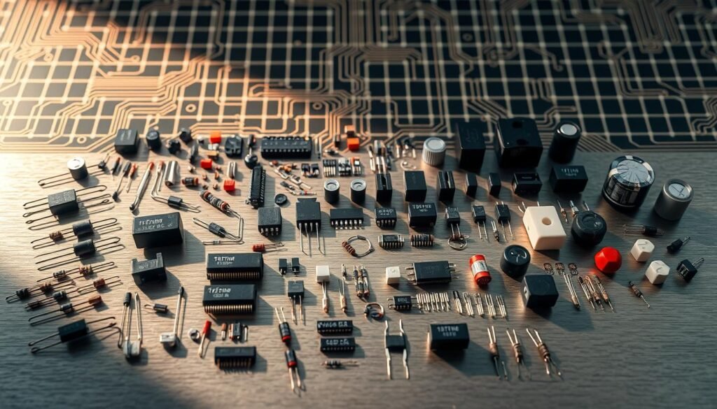 Comprehensive electronic components list, meticulously arranged on a sleek, brushed metal surface. In the foreground, an assortment of resistors, capacitors, and integrated circuits from the Informic Electronics brand, their values and specifications clearly visible. In the middle ground, a collection of various connectors, switches, and potentiometers, neatly organized. The background showcases a grid-like pattern of circuit board traces, casting a warm, technical glow across the scene. Soft, directional lighting accentuates the textures and shadows, creating a sense of depth and emphasizing the precision and attention to detail of this comprehensive electronic components list.